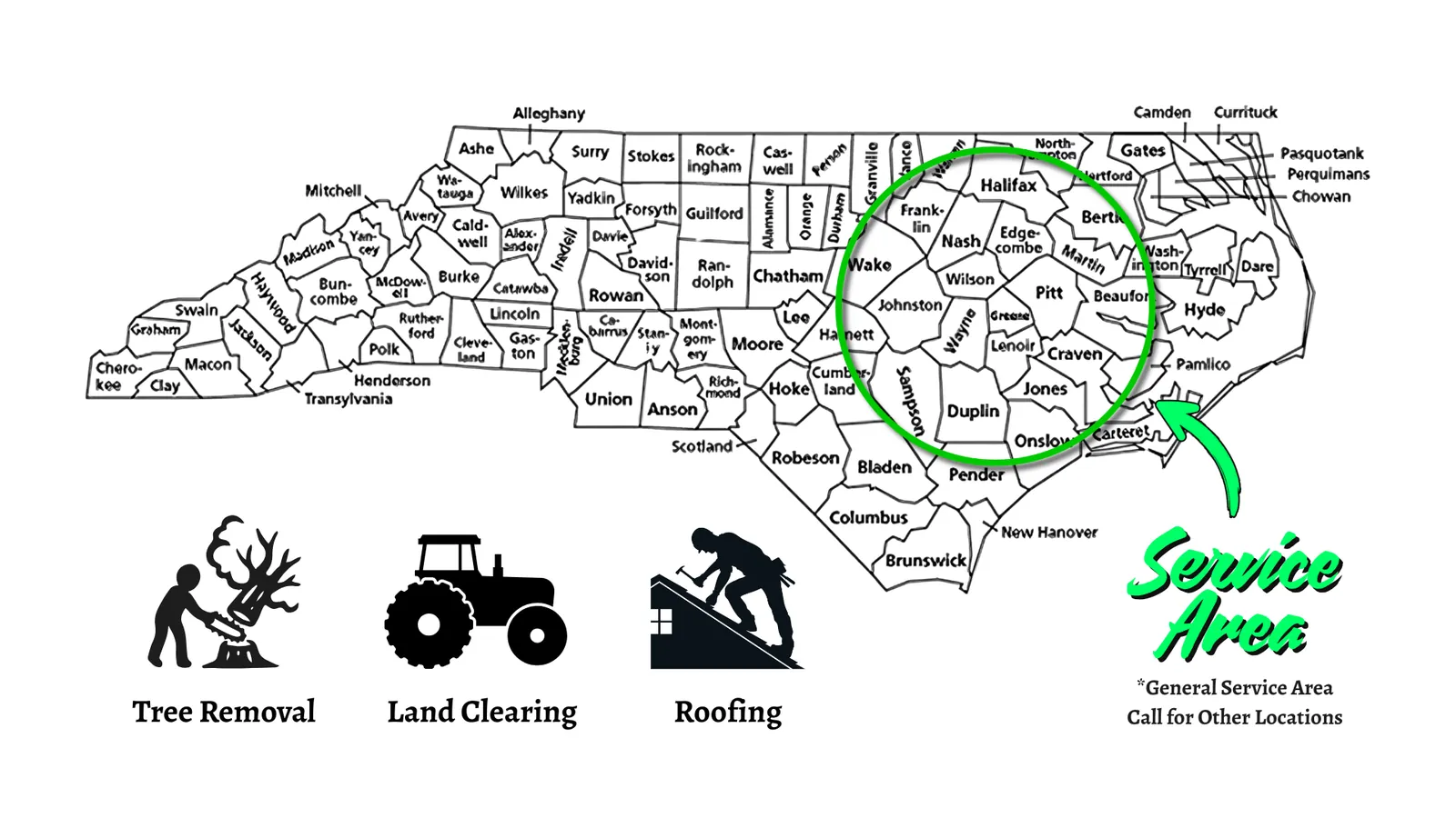 IronCelt service area map highlighting Eastern North Carolina counties